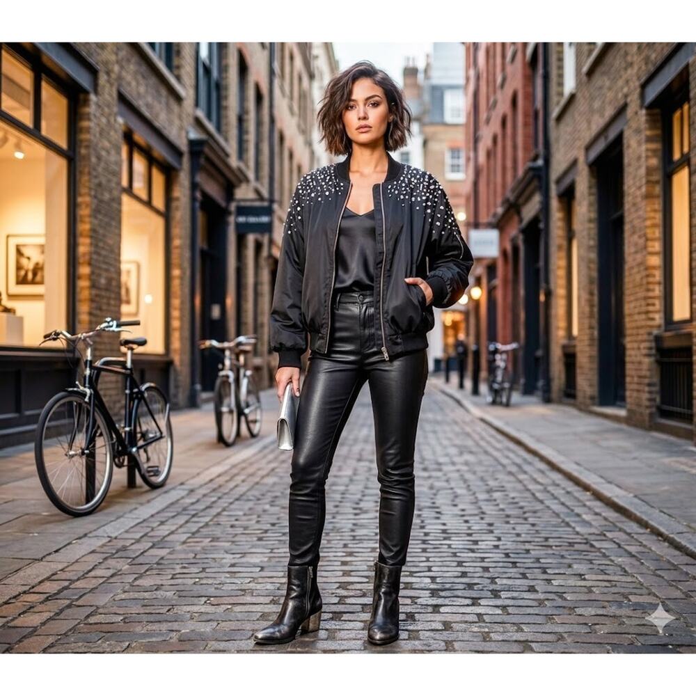 VICI Jacket Womens Black Bomber Studded Rhinestone Zip Front‎ Puffer Coat Edgy